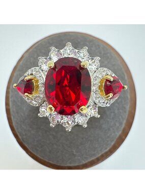 Red & White Gemstone Prong Set Fashion Statement Ring Gold Plated Size 7